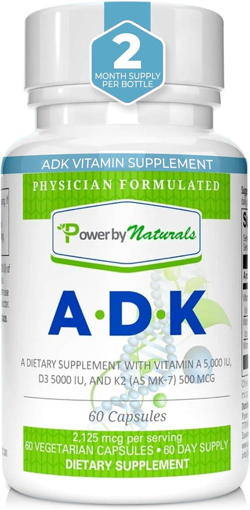 Power By Naturals ADK Vitamin Supplement - 60 Capsules for Bone, Heart & Immune Health
