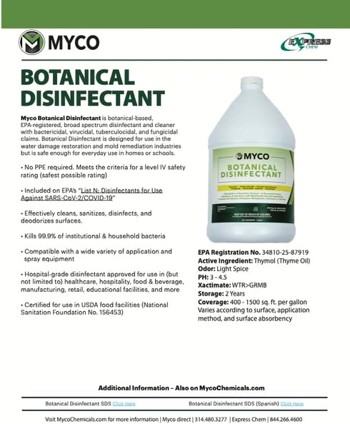 Myco Botanical Disinfectant Cleaner - All-Purpose All-Natural Sanitizing Solution and Fungicide for Household Cleaning and Heavy-Duty Mold Remediation, 1 Gallon