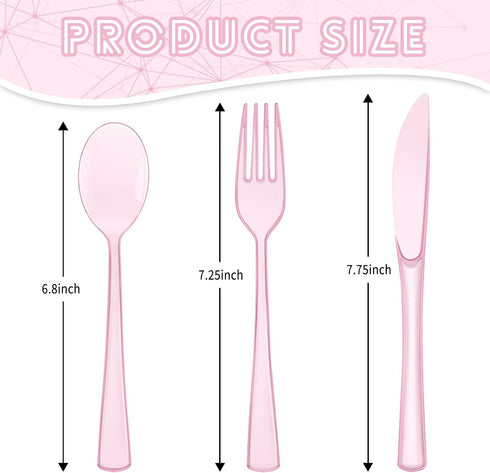 150 Pack Plastic Silverware,Disposable Cutlery Set Heavy Duty Utensil Sets 50 Forks 50 Knives 50 Spoons for Brithday, Wedding,Home Office School Party Picnics Restaurant Outdoor Events (Pink)