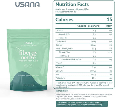 USANA Fibergy Active - Prebiotic Fiber for Gut Health, Non-GMO, Gluten Free, 336 Grams, 28 Servings