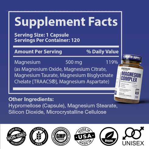 Magnesium Complex Supplement, 4 Month Supply of 500mg 5-in-1 Bisglycinate, Oxide, Taurate, Aspartate, Citrate for Calm,