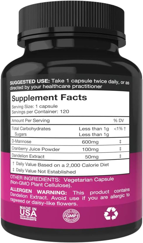 D Mannose Capsules - 600mg D-Mannose Powder with Cranberry and Dandelion Extract - 120 Veggie Caps
