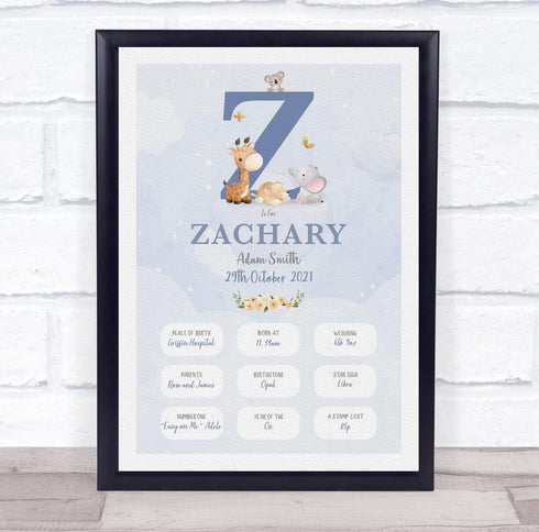 The Card Zoo New Baby Birth Details Christening Nursery Blue Initial Z Keepsake Gift Print