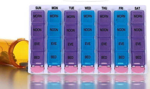 YOSADIER 28-Compartment Colorful Pill Organizer Box, Weekly Medicine Storage Case with Push-Button Flip Lid, Portable