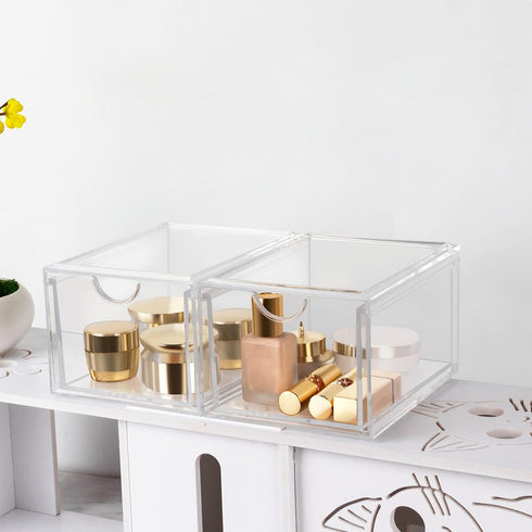 Stackable Acrylic Clear Cosmetic Organizer Drawers, Makeup Storage Container for Skin Care, Hair Accessories, Set of 2