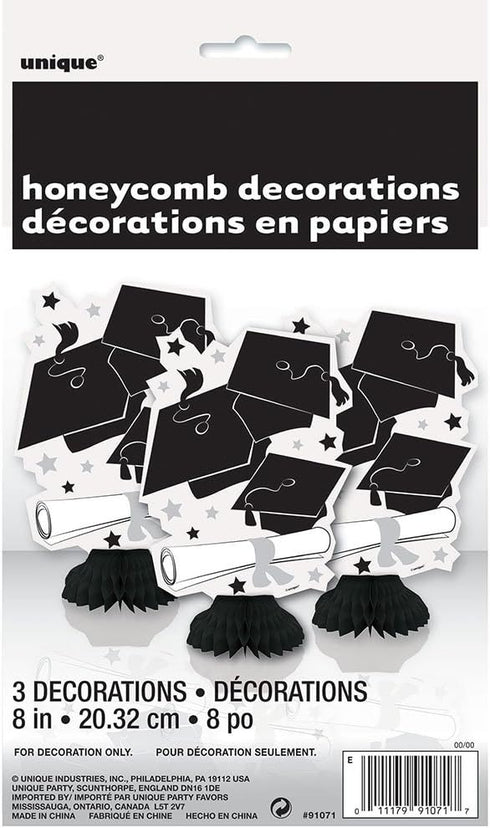 Black & White Graduation Mini Honeycomb Decorations, 8" (3 Count) - Perfect for Grad Parties