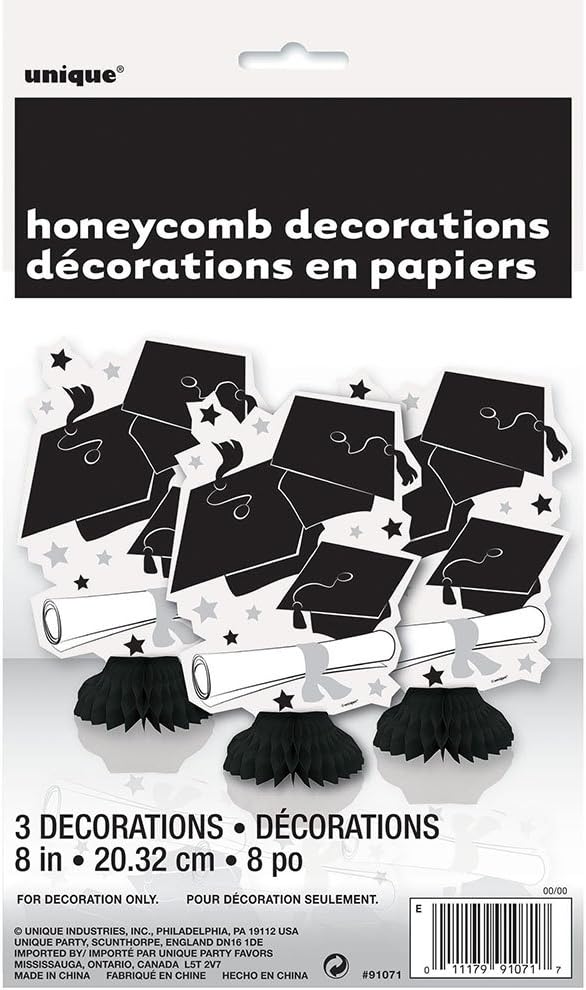 Black & White Graduation Mini Honeycomb Decorations, 8" (3 Count) - Perfect for Grad Parties