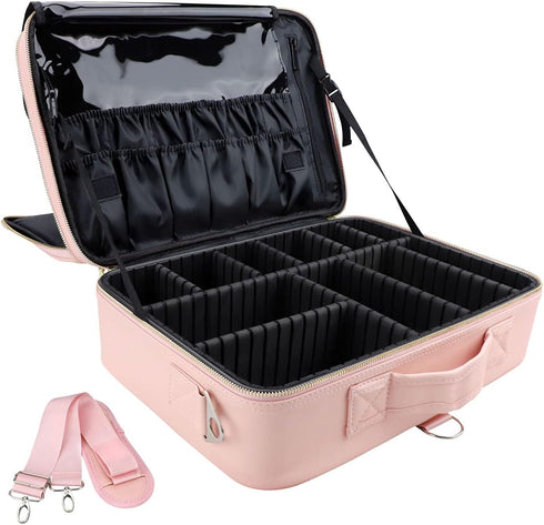 JOURMON Travel Makeup Case Organizer, Portable Cosmetic Bag with Adjustable Dividers and Shoulder Strap for Toiletry