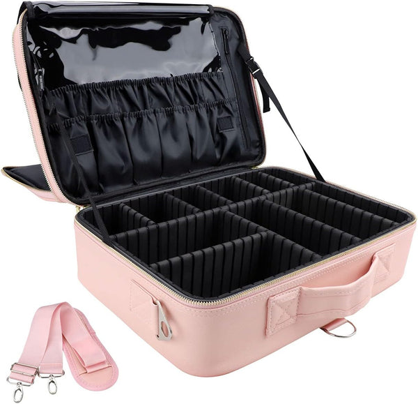 JOURMON Travel Makeup Case Organizer, Portable Cosmetic Bag with Adjustable Dividers and Shoulder Strap for Toiletry