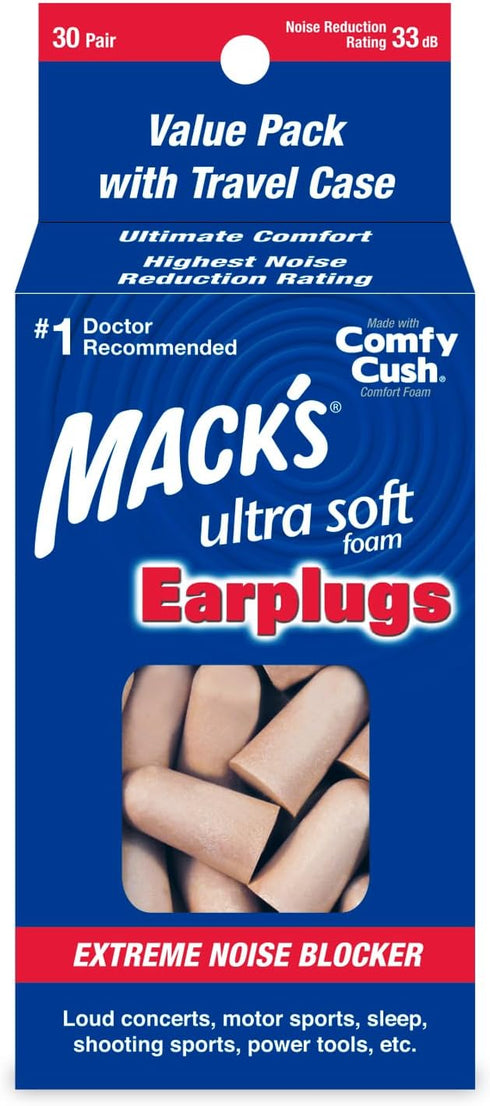Mack's Ultra Soft Foam Earplugs, 30 Pair, 33dB Highest NRR, Comfortable for Sleeping, Travel, Concerts