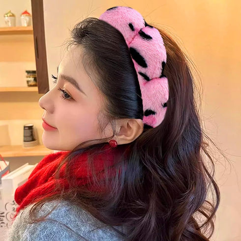 Spa Headbands for Washing Face or Makeup, Puffy Terry Cloth Hairband for Women, Skin Care Accessories (Leopard Pink)
