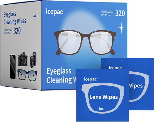 icepac 320 Glasses Wipes Lens Cleaner- Pre-Moistened Individual Wrapped Eye Glasses Cleaning Wipes | Glasses Cleaner