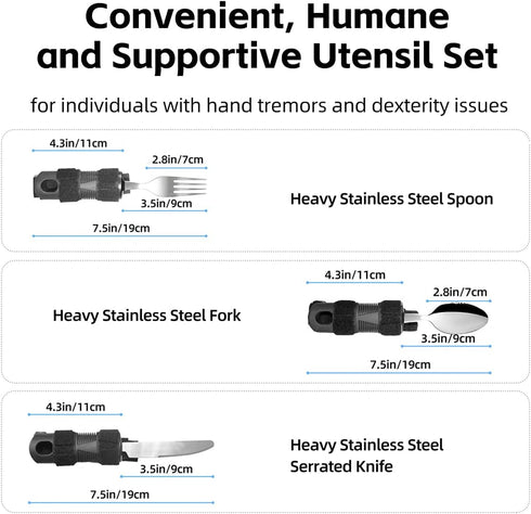 Set 3PCS Adaptive Utensil for Elderly Parkinsons Stroke Patients, Non-Slip Grip with Hand Strap for Hand Tremors