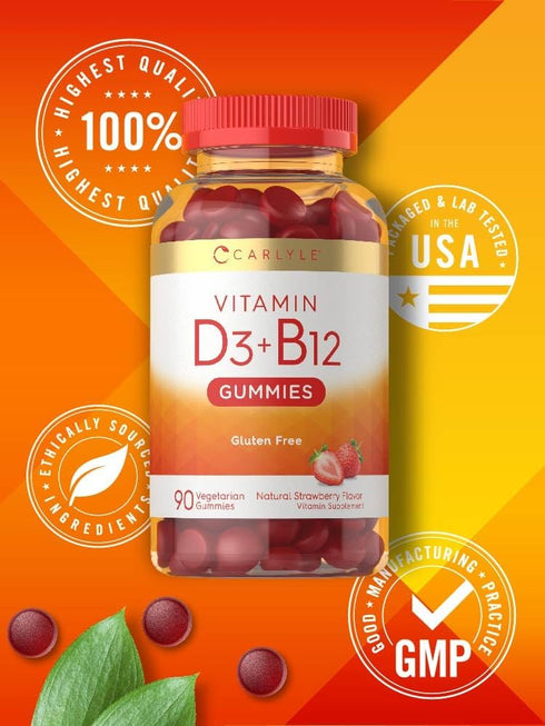 Carlyle Vitamin D3 + B12 Complex Gummies | 90 Count | Vegetarian, Non-GMO, Gluten Free | Strawberry Flavor Supplement