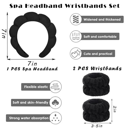 Spa Headbands for Washing Face Wristband Set Sponge Makeup Skincare Headband Wrist Towels Bubble Soft Terry Towel Cloth Hairband for Women Puffy Headwear Non Slip Thick Thin Hair Headwear (Black)