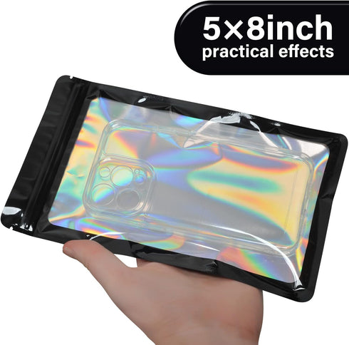 100-Pack 5×8 Inch Mylar Bags with Clear Window, Holographic Resealable Packaging Zip Bag for Small Business Supplies