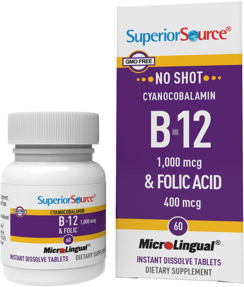 Superior Source No Shot Vitamin B12 Cyanocobalamin (1000 mcg), Folic Acid (400 mcg), 60 Ct, Quick Dissolve Tablets