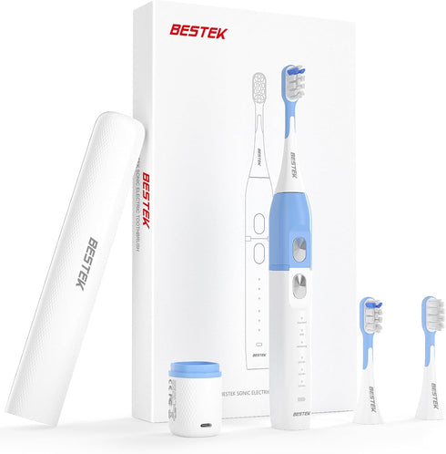 BESTEK Sonic Electric Toothbrush - IPX67 Waterproof, Rechargeable with Multiple Modes, 3 Replacement Brush Heads, Blue