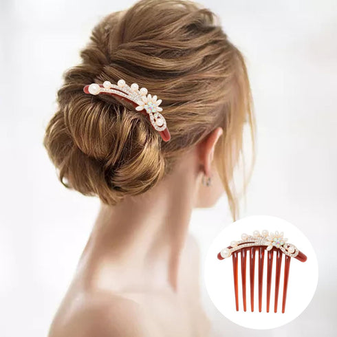 Honbay 2PCS 7 Teeth Hair Side Combs - Pearl Crystal Rhinestone Floral Twist Combs, Decorative Hair Accessories for Women