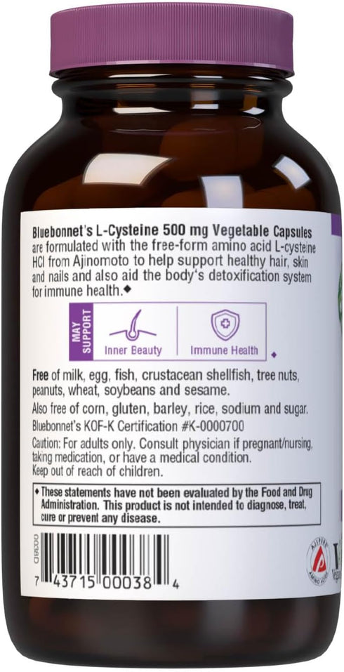 Bluebonnet Nutrition L-Cysteine 500mg, 60 Vegetable Capsules, Promotes Healthy Skin, Hair, Nails