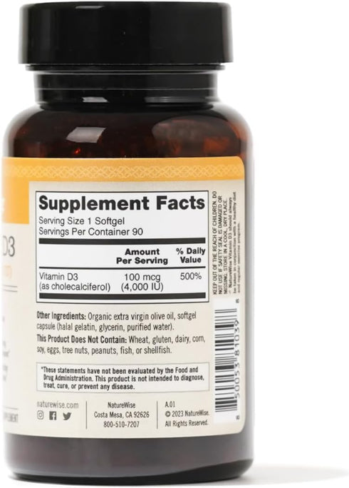 NatureWise Vitamin D3 4000 IU (100 mcg) - 90 Count for Muscle Function and Immune Support