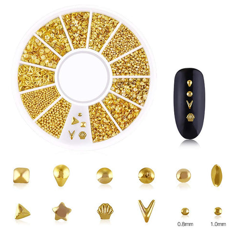 WOKOTO 6 Boxes Gold Nail Charms Studs, 3D Nail Art Jewelry Decoration Kit with Tweezers and Picker Pencil