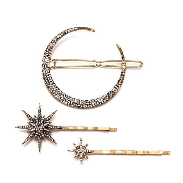 Vintage Rhinestone Moon Snowflake Star Hair Clip - Bobby Pins for Women, Alloy Barrettes