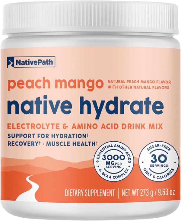 NativePath Hydrate Electrolytes Powder, Zero Sugar with BCAAs, Peach Mango Flavor, Keto & Paleo Friendly, 30 Servings