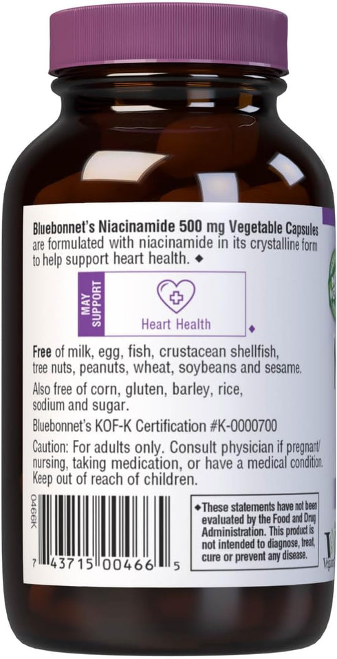 Bluebonnet Nutrition Niacinamide 500mg, Supports Cardiovascular Health, 60 Vegetable Capsules, Vegan