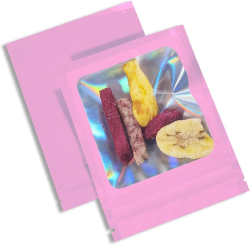 100 Pack Mylar Bags, 4 x 6 Inch Resealable Smell Proof Foil Pouch with Front Window Pink