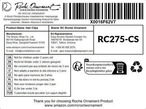 RC ROCHE ORNAMENT 6 Pcs Women's Premium Hair Plastic Banana Classic Clincher, Medium Classic Multicolor