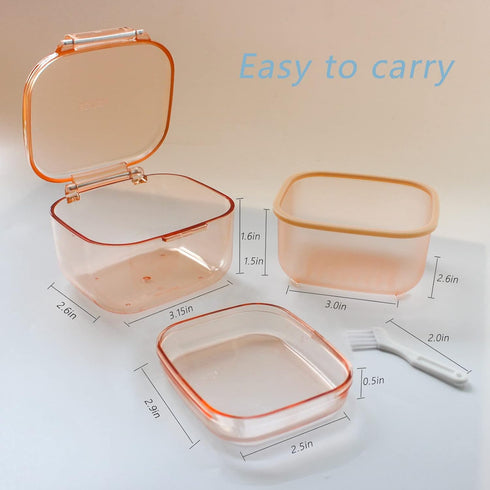 Denture Bath Box, Three-Layer Retainer Case for Mouth Guards, Non Full Denture Cup, Orange