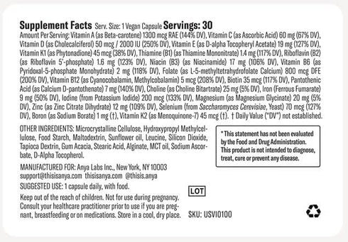 ANYA Postnatal Multivitamin for New Moms’ Recovery & Breastfeeding Support, 30 Count - Vegan, Non-GMO, Gluten & Dairy