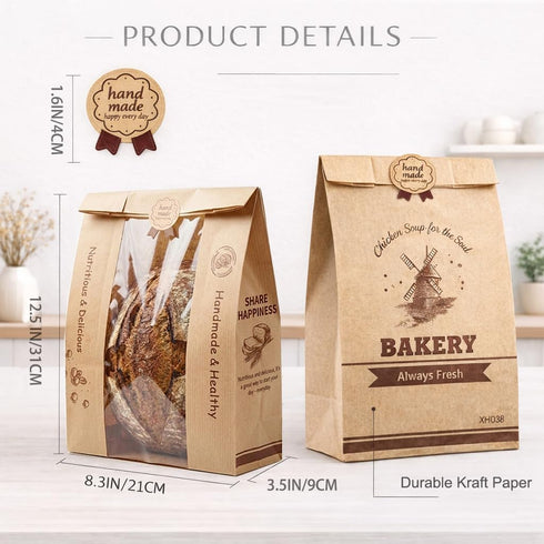 Gybahy 50 Pack Packaging, Bread Bags for Homemade Bread, Sourdough Bread Bags with Clear Window, Kraft Paper Sourdough