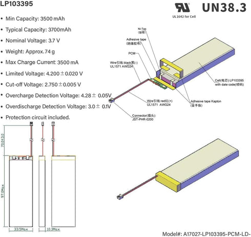 EEMB 3.7V 3700mAh Lithium Polymer Battery - Rechargeable Battery Pack with Wire JST Connector for Wireless Devices