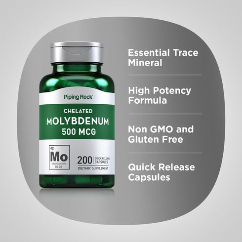 Piping Rock Molybdenum Supplement 500 mcg, 200 Capsules, Non-GMO Chelated Molybdenum Amino Acid, Gluten Free