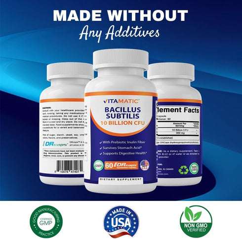 Vitamatic Bacillus Subtilis, 10 Billion per DR Capsule, 60 Count for Digestive and Immune Health
