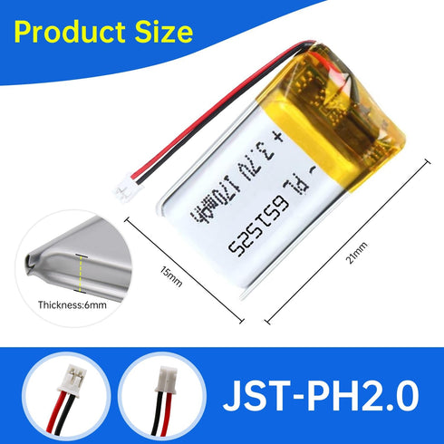 Qimoo 651525 3.7V 70mAh 651525 Pack PH2.0mm Lipo Battery Rechargeable Lithium Polymer Battery with JST Connector