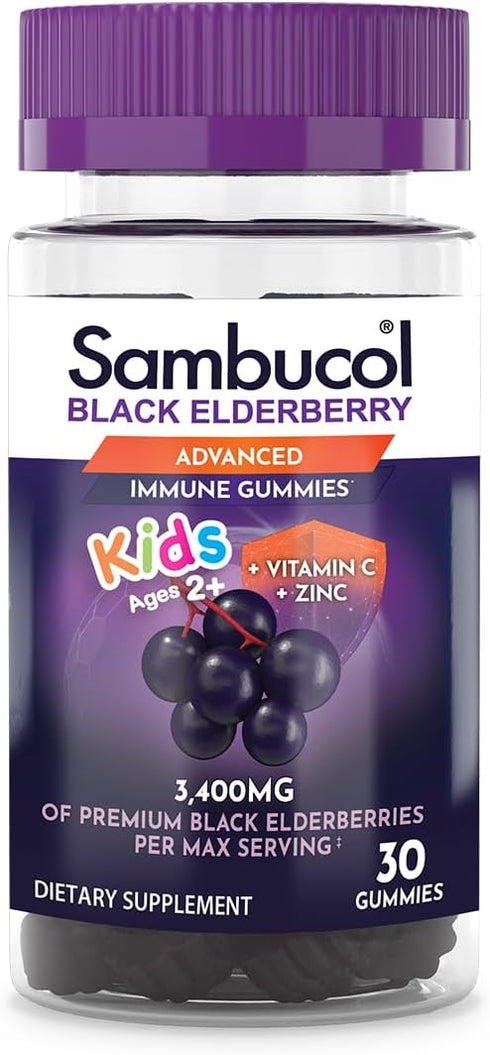 Sambucol Black Elderberry Gummies for Kids, 30 Count - Added Vitamin C & Zinc, Delicious Berry Taste