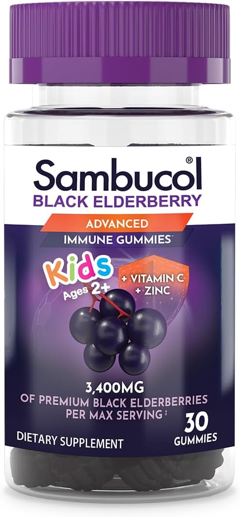 Sambucol Black Elderberry Gummies for Kids, 30 Count - Added Vitamin C & Zinc, Delicious Berry Taste