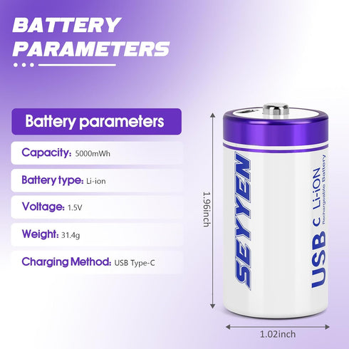 seyyen 6 Pack, 1.5V 4 1 5000mWh 1200+ Rechargeable Lithium C Batteries C Cell Batteries with in USB-C Charging Cable