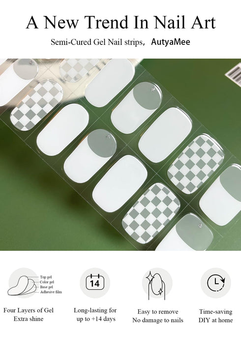 Semi Cured Gel Nail Strips, 20 PCS White Checkered Gel Nail Stickers, UV Light Required for Salon Quality