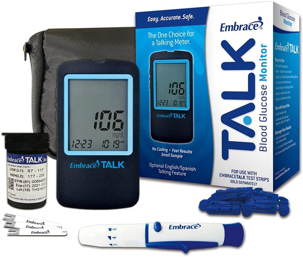 Embrace Talk Diabetes Testing Kit, Blood Glucose Meter with 50 Test Strips