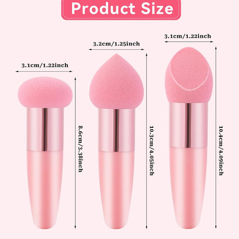 3 Pcs Makeup Foundation Sponge, Pink Beauty Blender Sponge Cosmetic Powder Puff with Handle Applicator