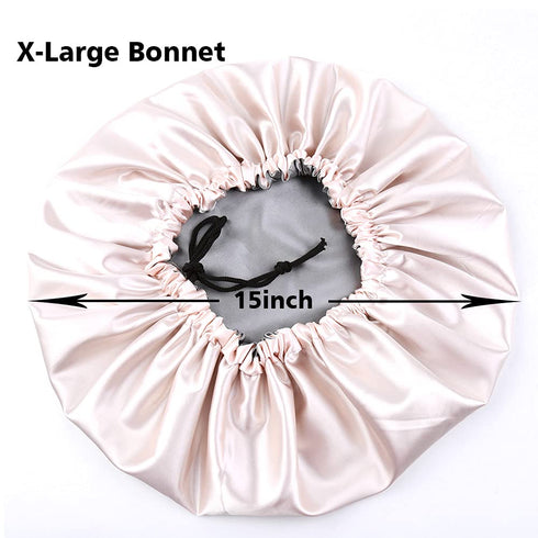 Stain Bonnet Adjustable Satin Sleep Cap, Reversible Double Layer X-Large Size in Champagne/Grey