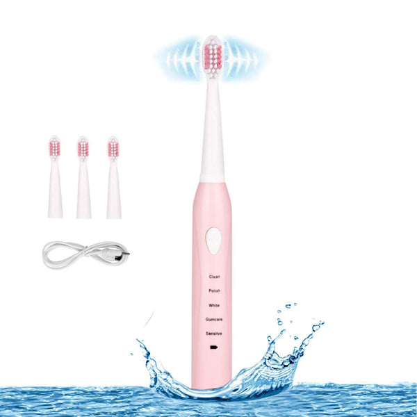 RED-NI Sonic Electric Toothbrush, 4 Free Replacement Heads Included, USB Fast Charging Waterproof Toothbrush, Pink