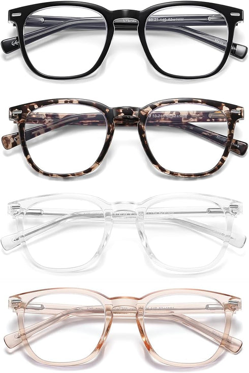 EYECEDAR 4-Pack Reading Glasses - Square Style Blue Light Readers for Women, Metal Spring Hinges, 2.00