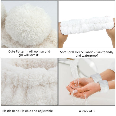 AHONEY Spa Bear Ears Headband Set, Cute Makeup & Skincare Wristbands for Washing Face, Elastic Hair Band (White)