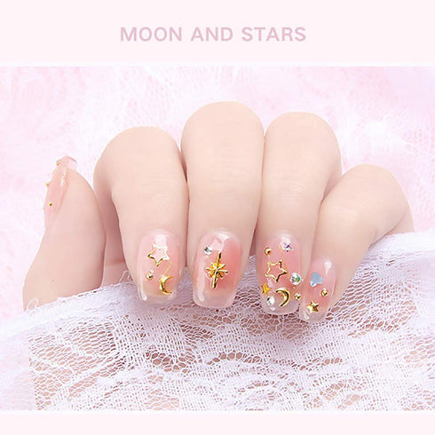 WOKOTO 6 Boxes Nail Art Studs Set, Gold Silver Hollow Star Moon Flower Rivet Kit with Tweezers and Picker Pencil