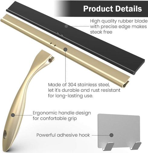 OPERNEE 14 Inches Shower Squeegee with Self Adhesive Hook, Stainless Steel Squeegee Cleaner, All-Purpose Window Scraper